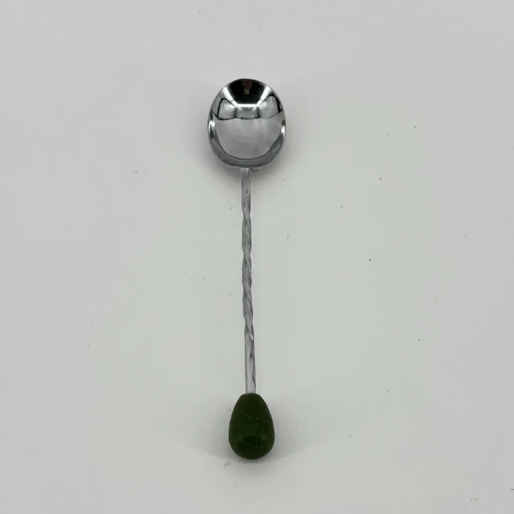 Vintage Bar Spoon Swizzle Japan Stainless Steel Twisted Hanlde 5in W/Green‎ Wood
